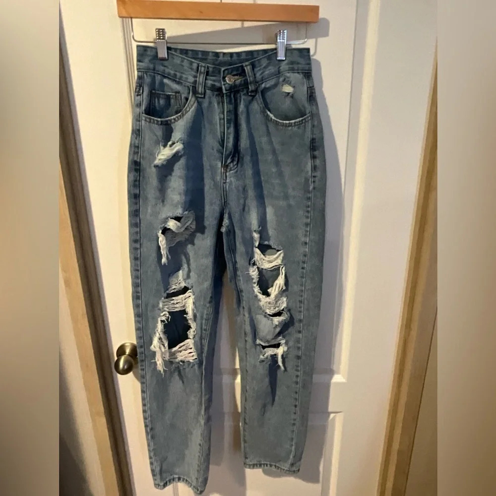 SHEIN jeans with factory holes and distressing, size XS.